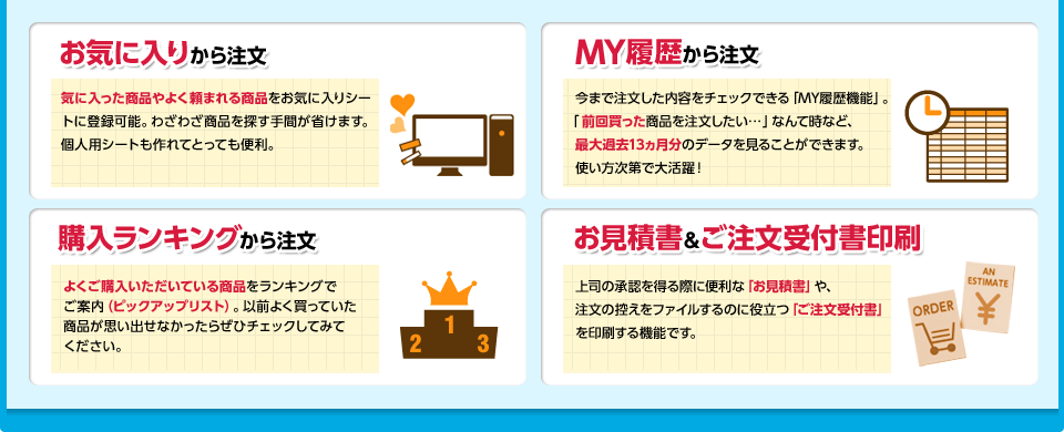 お気に入り、履歴、購入ランキングがら発注できます　見積書・注文請書の発行も出来ます